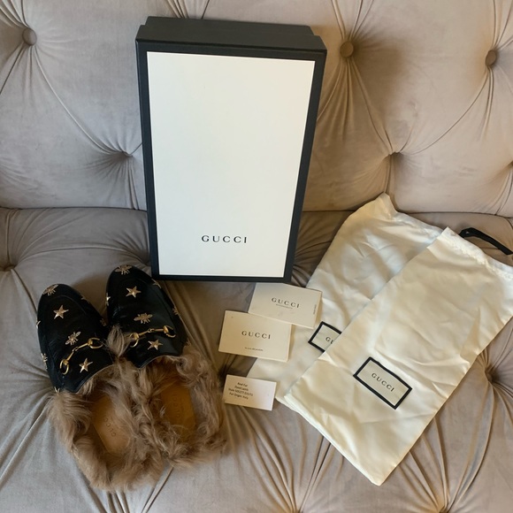 Gucci Princetown Leather Lambs Fur Bees and Stars Horsebit Loafers Flats 9 - Picture 2 of 9